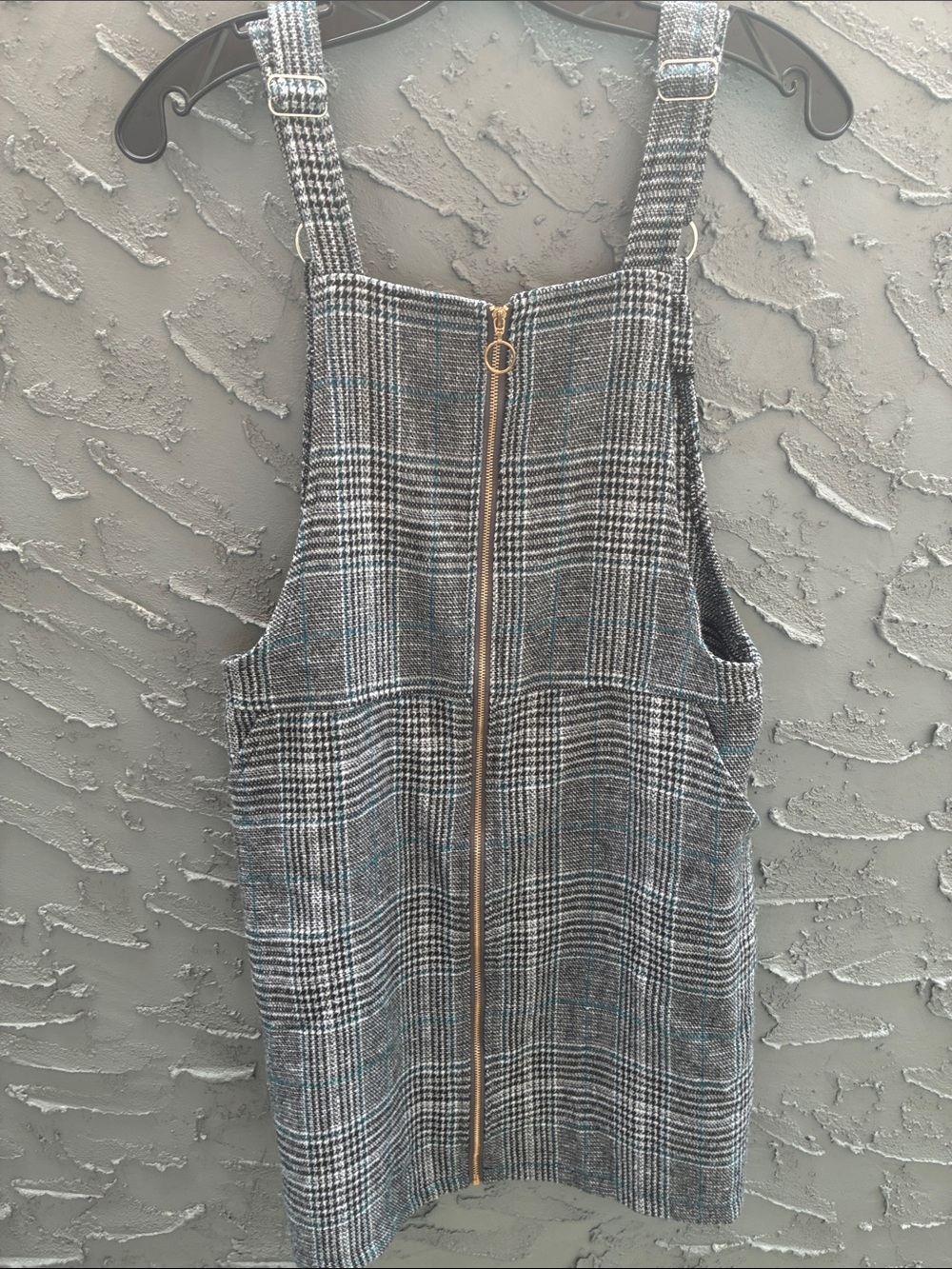 Plaid Zip-Front Pinafore Jumper Adjustable Strap - Gray Sz L Worn 1x
